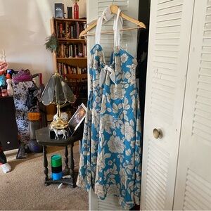 Unique Vintage Blue and White Floral Halter Dress